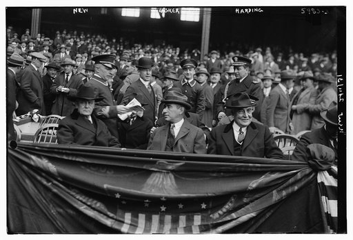 Harry New (Postmaster General), Albert Lasker & Pres. Warren Harding at Yankee Stadium, 4/24/23 (baseball)