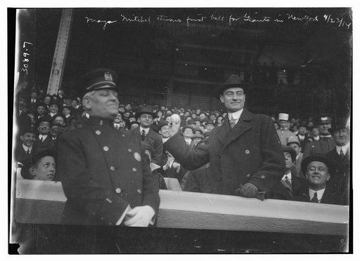 New York City Mayor John P. Mitchel throwing first ball, 4/23/1914 (baseball)