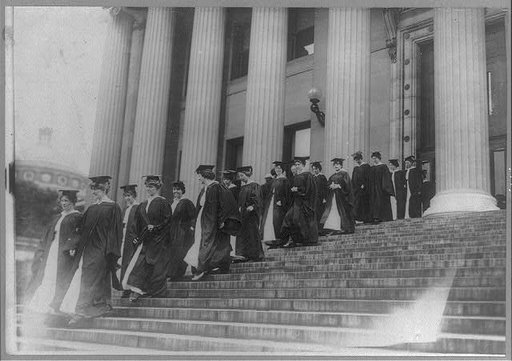 Barnard College- Commencement, June 1915- women walking down exterior steps.