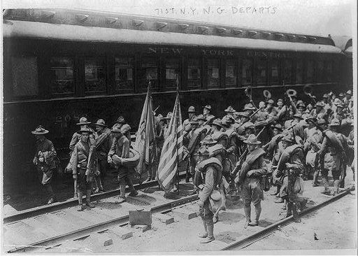 71st Regiment, New York National Guard departing for Texas: troops in formation beside train