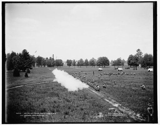 Battalion firing, kneeling, M[ichigan] M[ilitary] A[cademy], Orchard Lake, Michigan