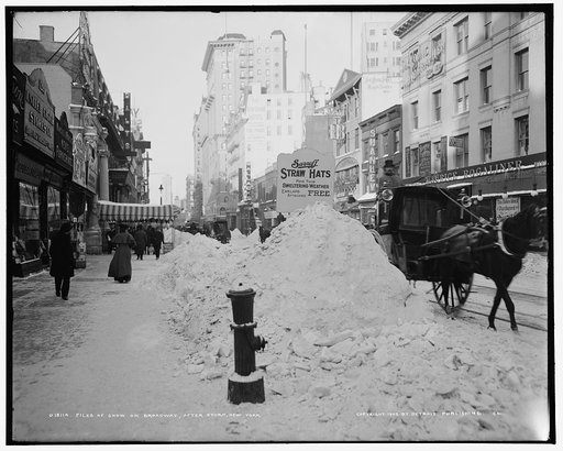 Piles of snow on Broadway, after storm, New York