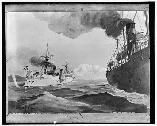 U.S.S. McCulloch firing a shot across the bow of the German cruiser Irene