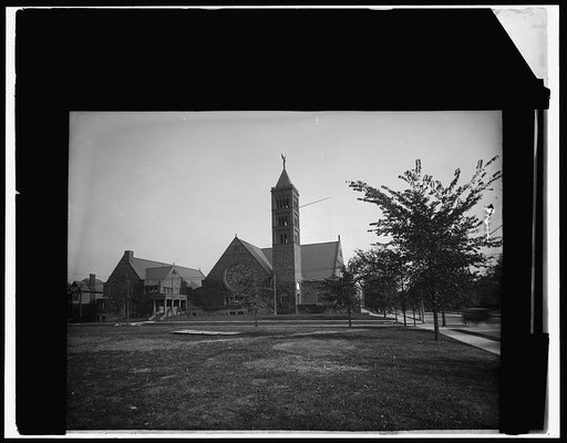 Church with tall tower, possibly in Detroit, Michigan