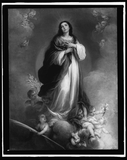 Saint, possibly Virgin Mary, standing on cloud surrounded by cherubs