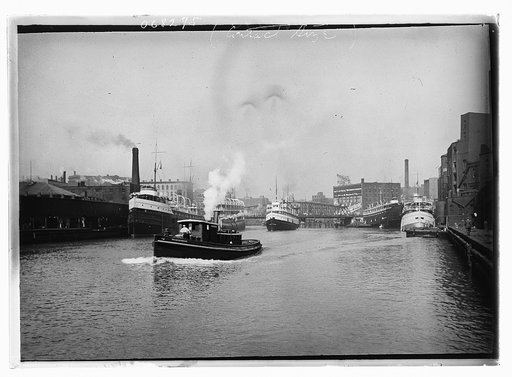 Chicago River scene with steamboat and industrial waterfront, Chicago