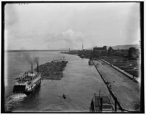 Winona, raft passing below draw bridge
