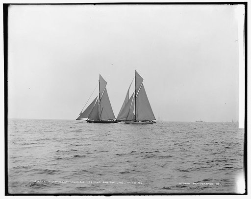 Shamrock I and Columbia coming for the line
