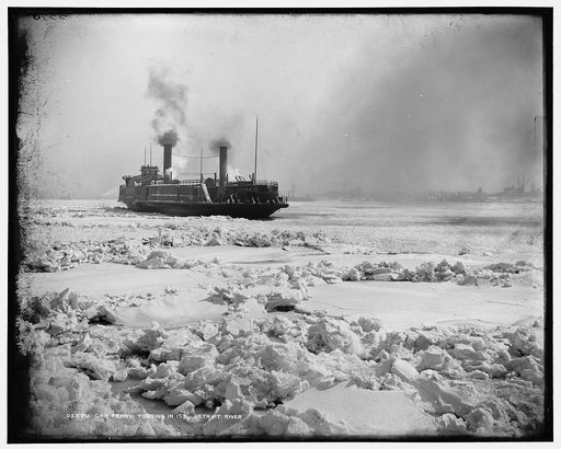 Car ferry turning in ice, Detroit River