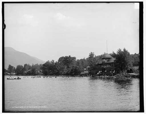 Bath house and bathers, Silver Bay, Lake George, N.Y.