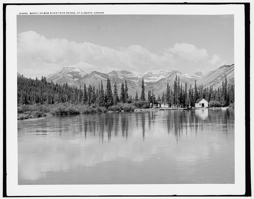 Banff, up Bow River from bridge at Alberta, Canada
