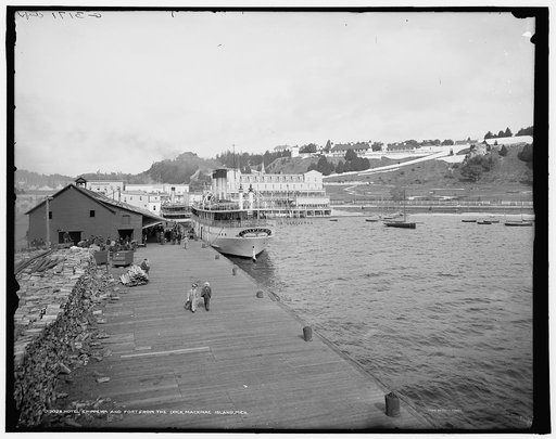 Hotel Chippewa and fort [i.e. Fort Mackinac] from the dock, Mackinac Island, Mich.