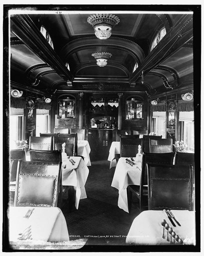 Car interiors, dining car, Chicago and Alton Railroad