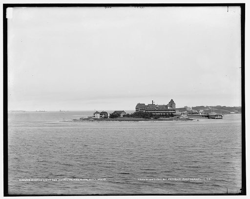 Boston Light and Hotel Pemberton from Paddock's Island, Hull, Mass.
