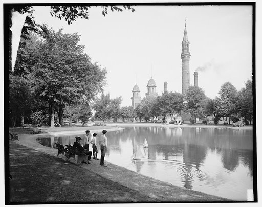 Lake and tower, Water Works Park, Detroit, Mich.