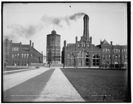 Water tower and shop's entrance, Pullman, Ill's.