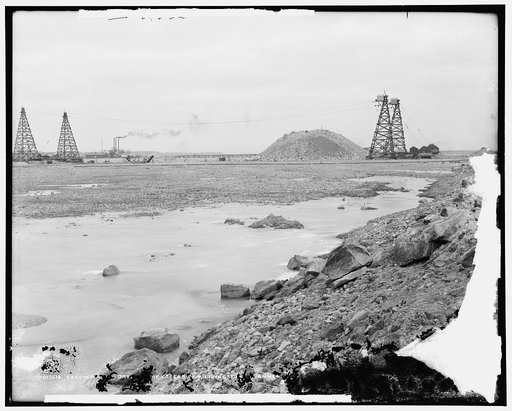 East wall and dry area of coffer dam, Livingstone Channel, Mich.