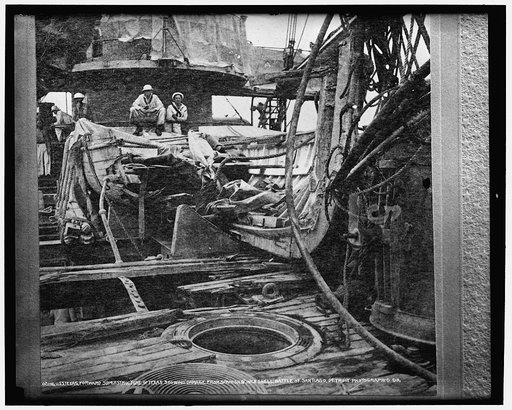 U.S.S. Texas, forward superstructure showing damage from Spanish 9-inch shell, Battle of Santiago