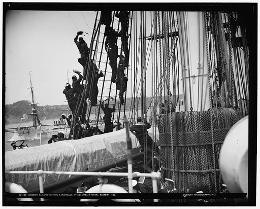 Russian sailors waving farewells at Columbian Naval Review, 1892 [i.e. 1893