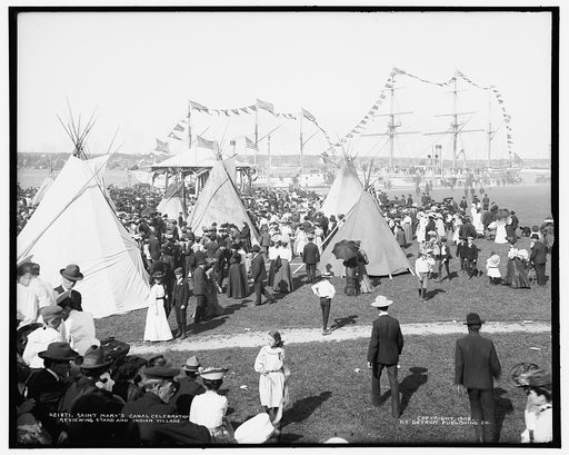 Saint Mary's [i.e. Sault Sainte Marie] Canal celebration, reviewing stand and Indian village