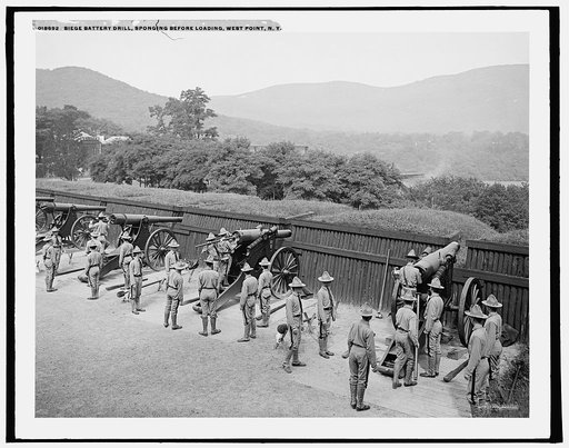 Siege Battery drill, sponging before loading, [United States Military Academy], West Point, N.Y.
