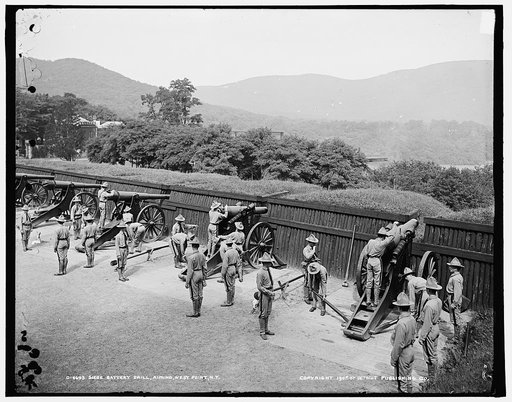 Siege battery drill, aiming [United States Military Academy], West Point, N.Y.