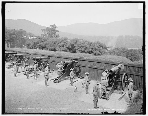 Siege battery drill, sponging after firing, [United States Military Academy], West Point, N.Y.