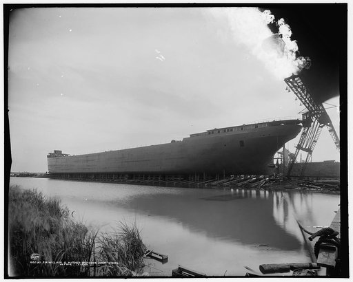 S.S. William G. Mather, broadside from stern before launch