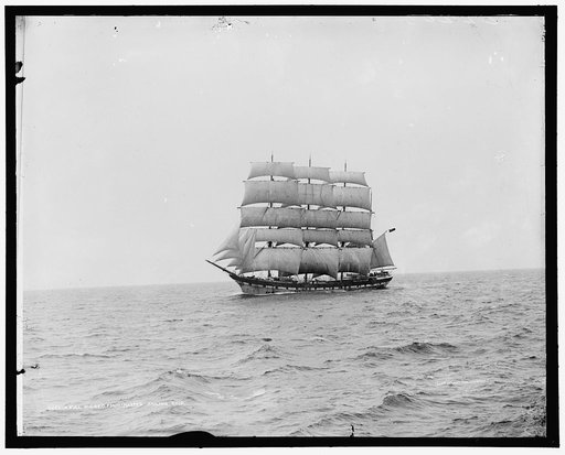 Full rigged, four-masted sailing ship