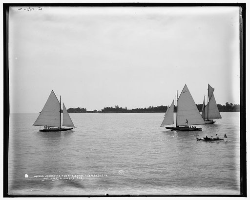 Jockeying for the start, I.L.Y.A. [Inter-Lake Yachting Association] regatta, Put-in-Bay, O[hio