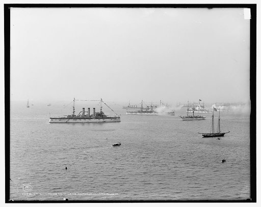 U.S. battleships saluting the Mayflower, Hampton Roads, Va.