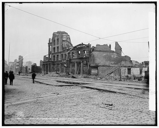 Foot of Market Street, showing earthquake upheaval, San Francisco, Cal.
