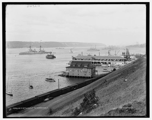 Line of battleships up the Hudson River