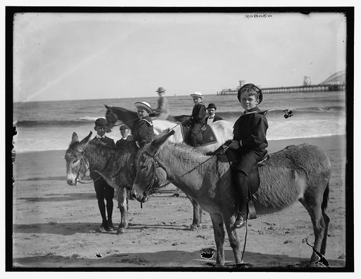Children riding donkeys at a beach