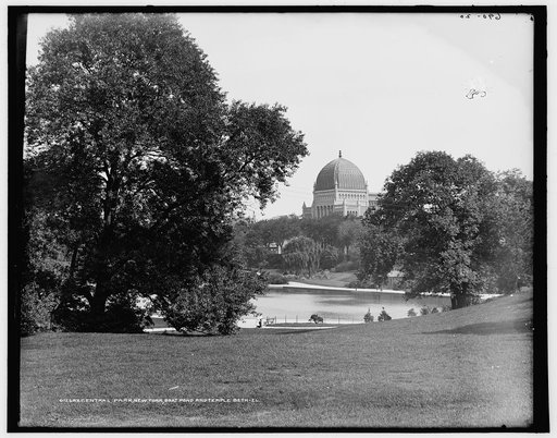 Central Park, New York, boat pond and Temple Beth-El