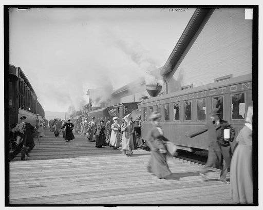 Taking trains of Mount Washington Railway at base station, White Mountains, N.H.