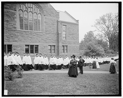 Vested choir marching to chapel, Mount Holyoke College, South Hadley, Mass.