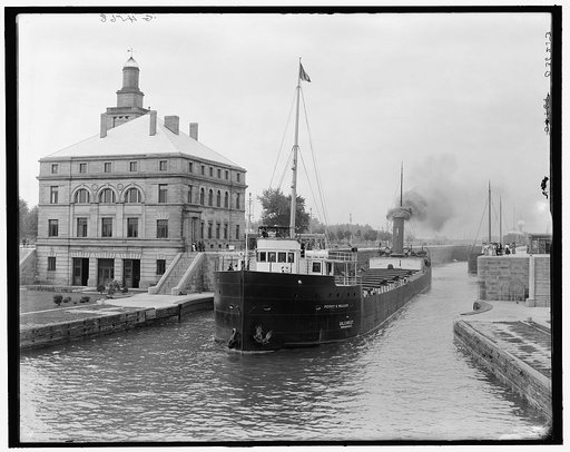 Freighter in Poe Lock, looking down, Sault Ste. Marie, Mich.