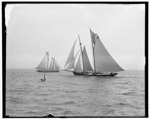 Fishing smacks [i.e. schooners], just after the finish, First Fishermen's race