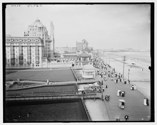 The Board walk and big hotels, Atlantic City, N.J.