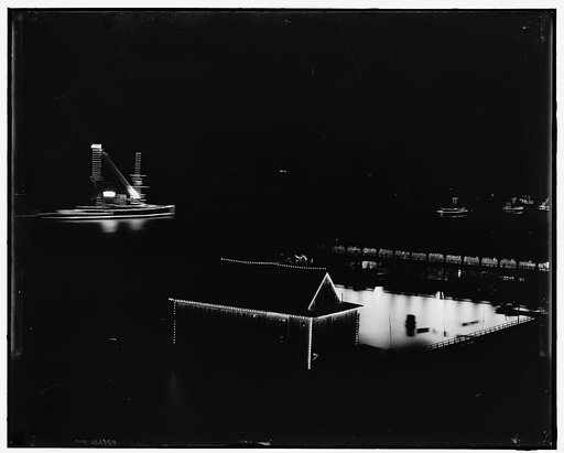 Line of battleships at night, Hudson River