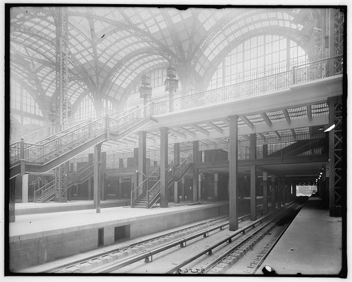 Pennsylvania Station, track level, showing stairway and elevators, New York, N.Y.