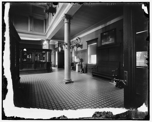 Hiram Walker & Sons, office interior with cashier's counter, Walkerville, Ont.