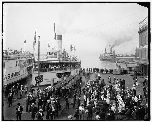 Excursion steamers Tashmoo and Idlewild at wharves, Detroit