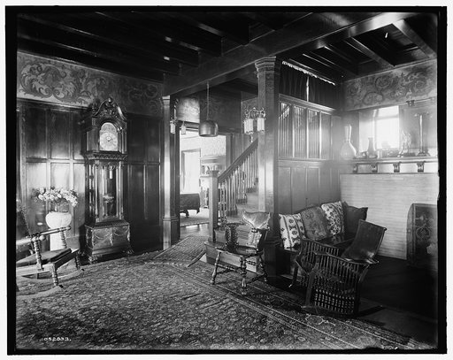 Residence of Dr. J.H. Lancashire, the hall and grandfather clock, Alma, Mich.