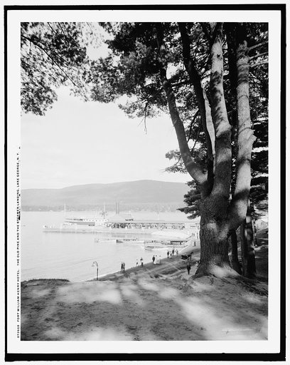 Fort William Henry Hotel, the old pine and the steamer landing, Lake George, N.Y.