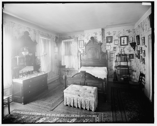 Douglas residence, bedroom with bureau & bookshelves, Detroit, Mich.