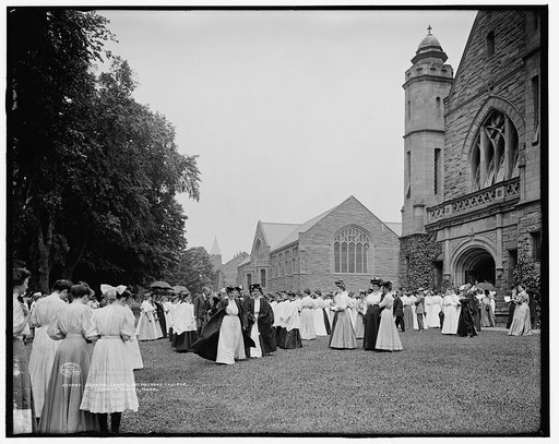 Leaving chapel [Mary Lyon Hall], Mt. [Mount] Holyoke College, South Hadley, Mass.