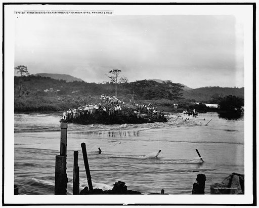 First rush of water through Gamboa dyke, Panama Canal