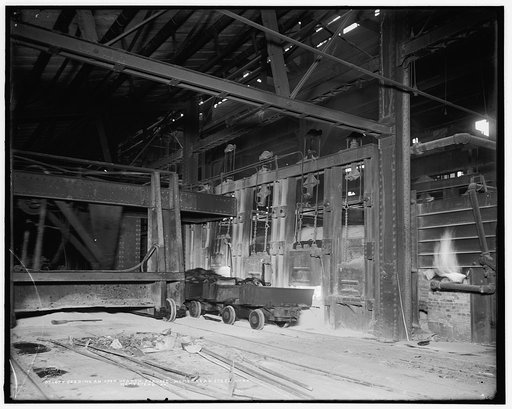 Feeding an open hearth furnace, Homestead Steel Wks. [Works], Homestead, Pa.